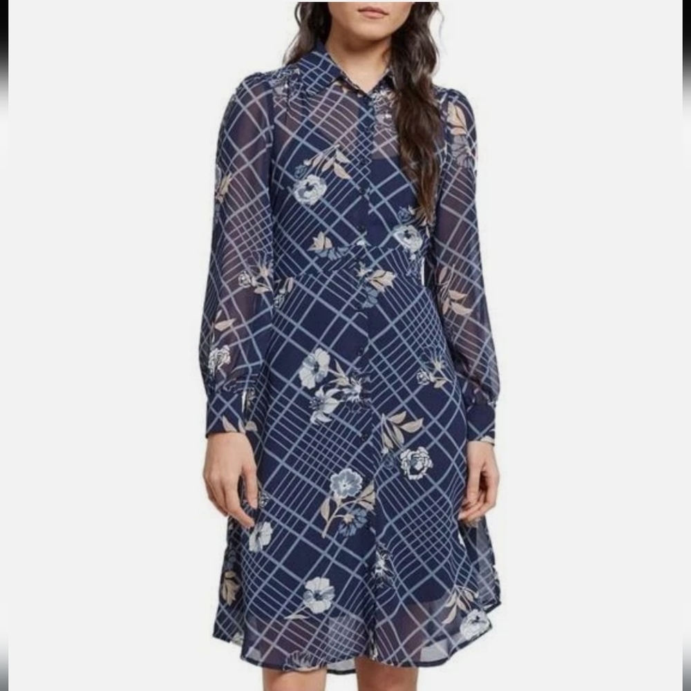 Modcloth Captivation Navy Floral Long Sleeve Shirt Dress Size LARGE Office Retro